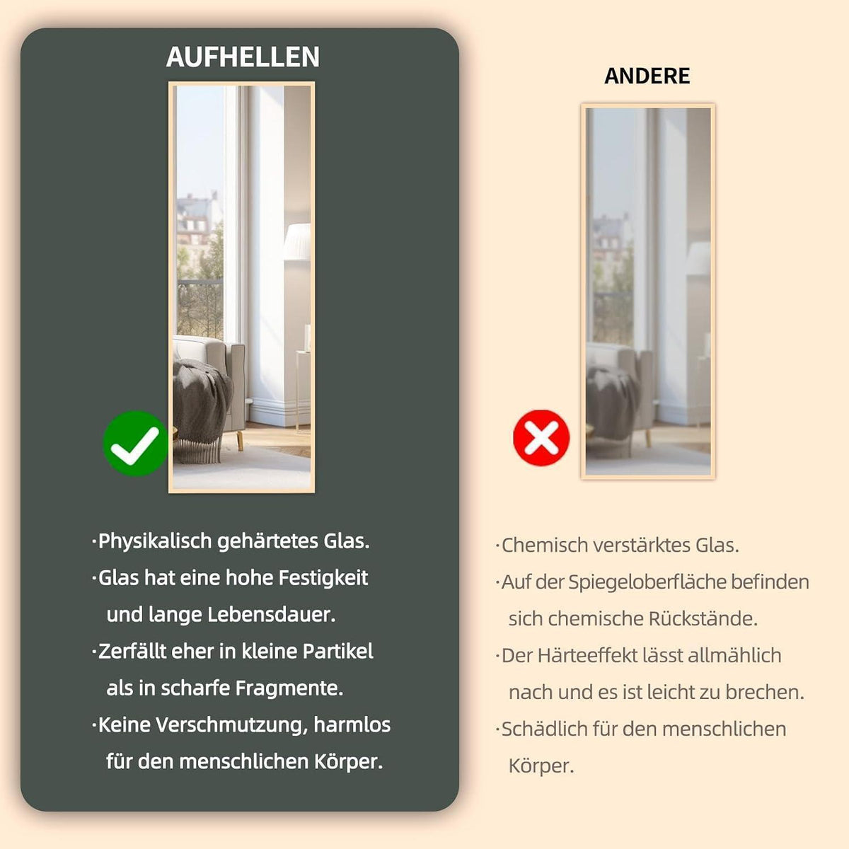 Ganzkörperspiegel Standspiegel Gold 150x40cm | Lehnbar & Wandmontage