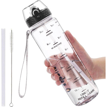 1L Sport Wasserflasche mit Strohhalm und Zeitmarkierungen