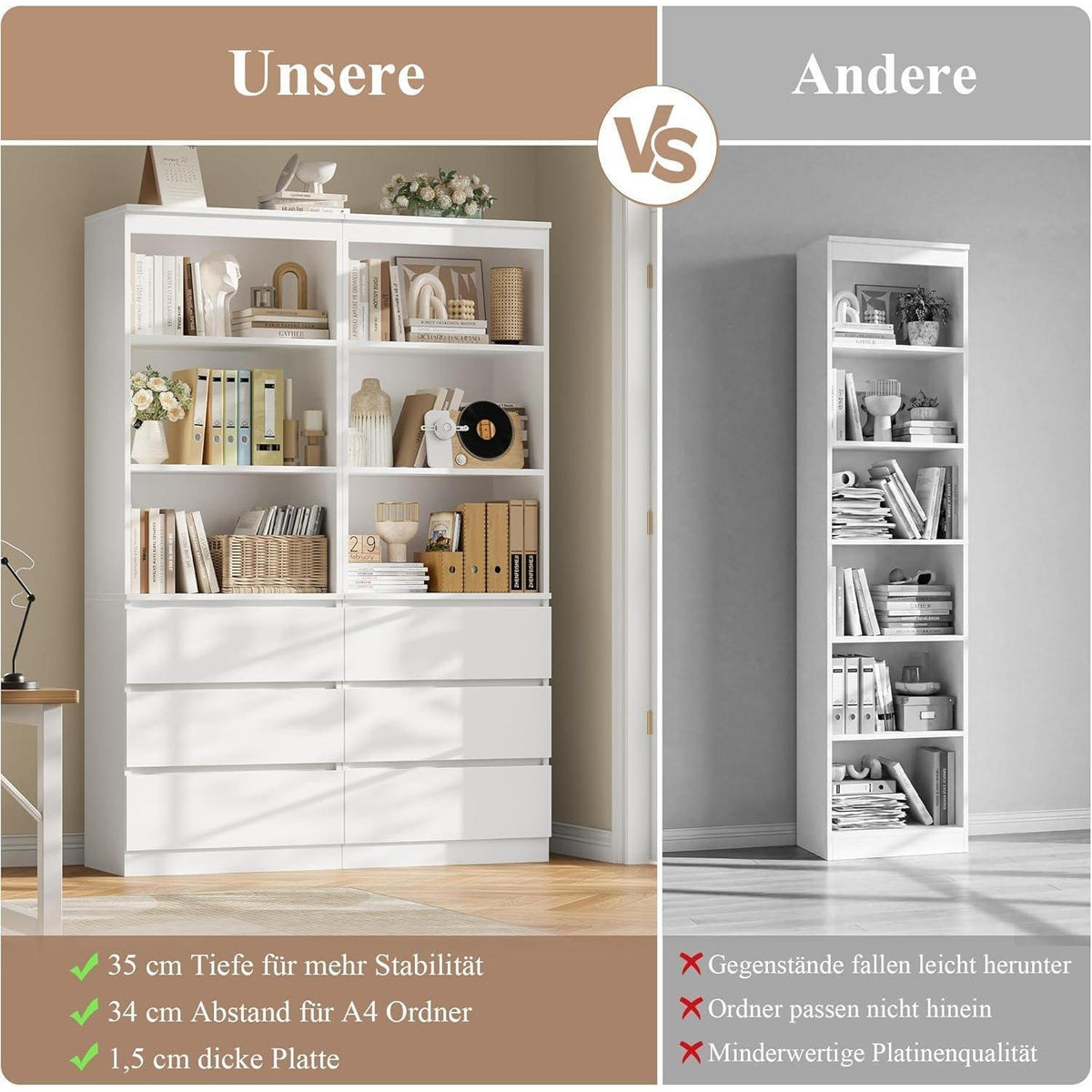 Bücherregal mit 3 Schubladen & Fächern – 180cm Weiß