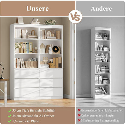 Bücherregal mit 3 Schubladen & Fächern – 180cm Weiß