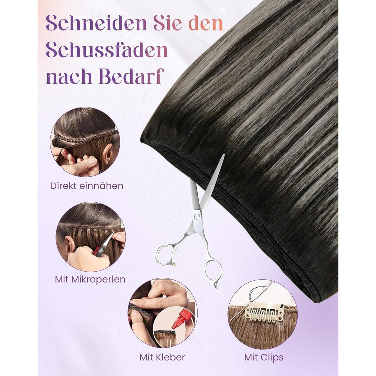 Echthaar Tressen Schwarz Balayage Silber 60cm - 100g