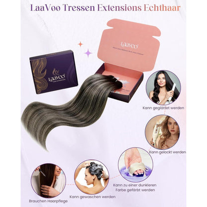 Echthaar Tressen Schwarz Balayage Silber 60cm - 100g