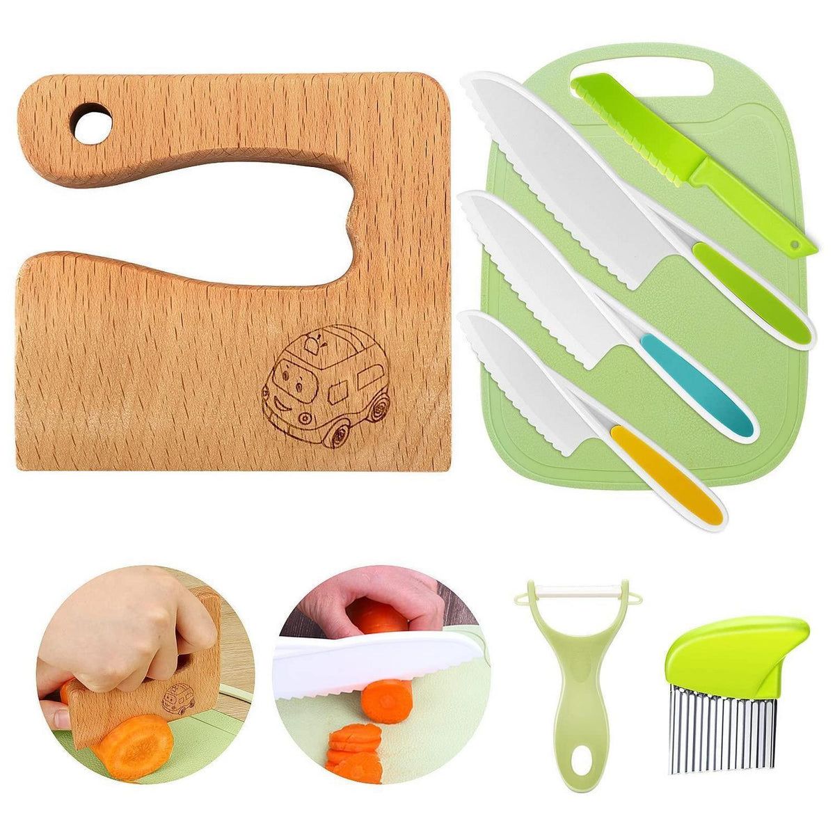 Kindermesser Set 8-teilig | Sicheres Holzmesser & Montessori Schneidewerkzeug