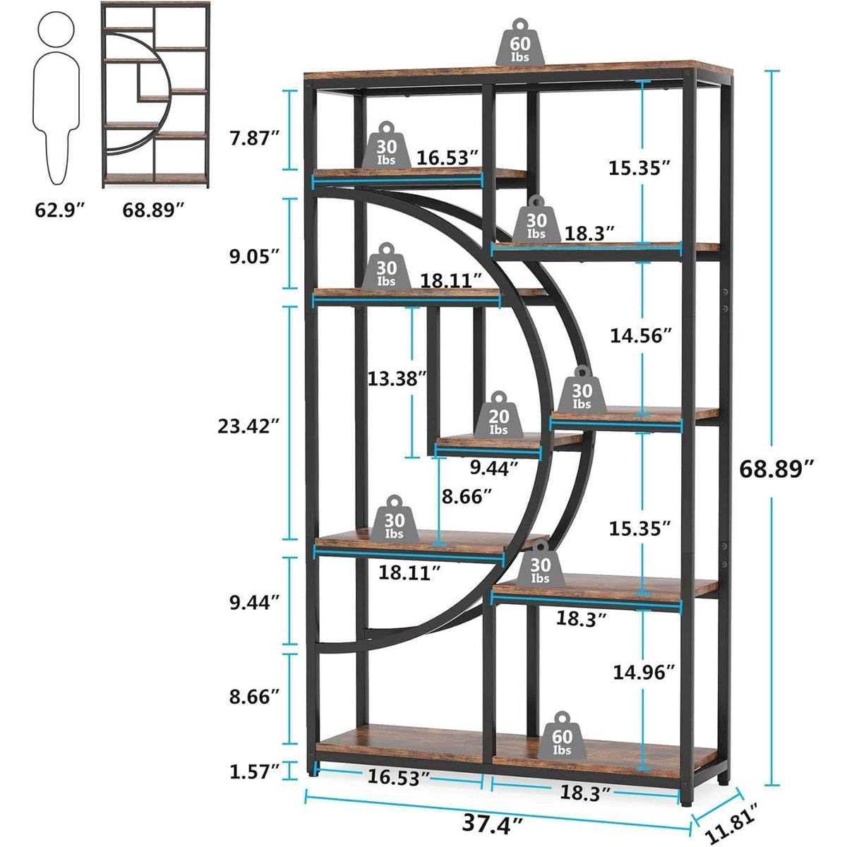 Industrielles Bücherregal 5-stöckig – Freistehendes Etagere Regal Braun