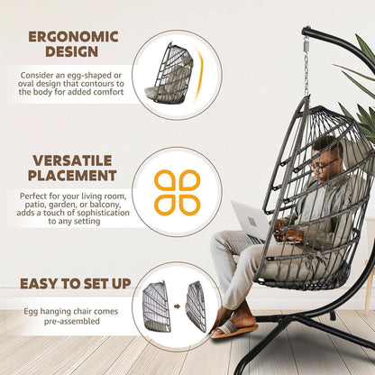 Faltbarer Rattan Hängesessel mit Kissen – Grau