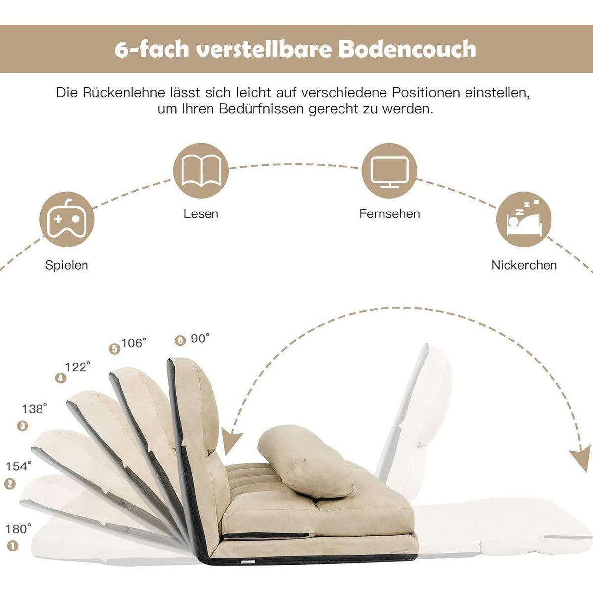 2-Sitzer Bodensofa mit Schlaffunktion & 6-stufiger Verstellung