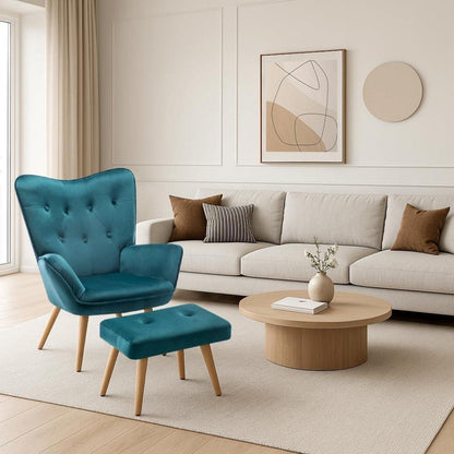 Ohrensessel mit Hocker – Samt Relaxsessel Pfauengrün