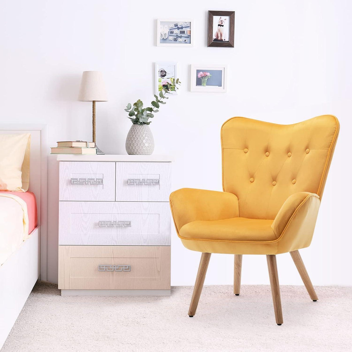 Ohrensessel mit Hocker – Gelber Samt Relaxsessel Wohnzimmer