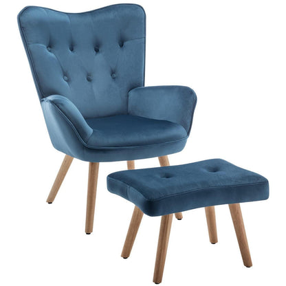 Ohrensessel mit Hocker, Blau – Samt Relaxsessel für Wohnzimmer