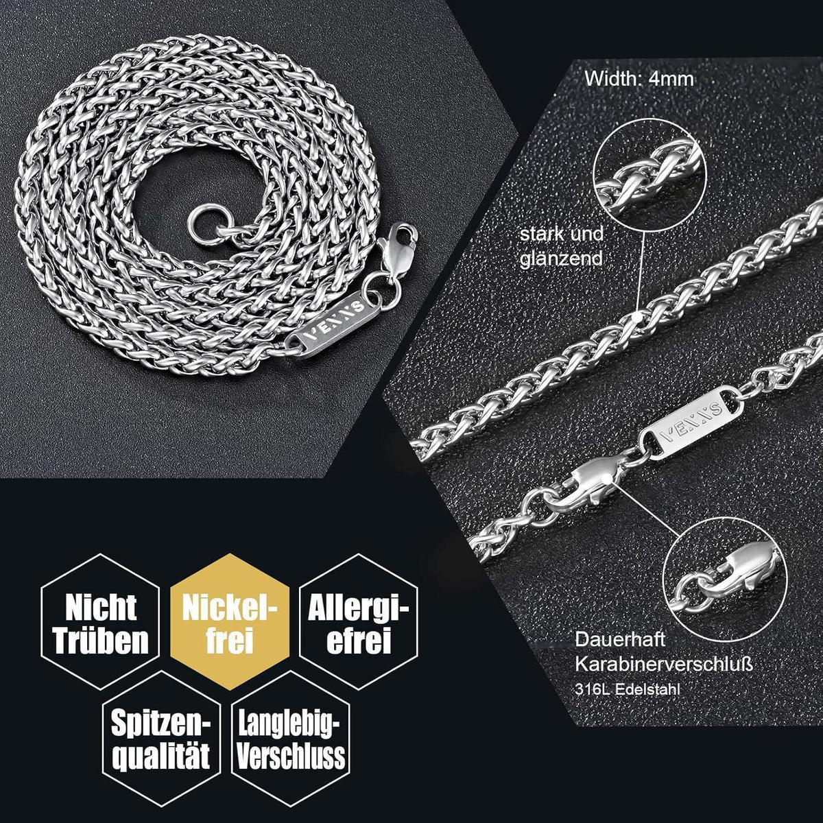 Herren Halskette Panzerkette 18K Gold Vergoldet 4mm 46cm