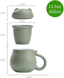 Keramik Teetasse Katzen-Design 383 ml Tee-Sieb Deckel Grün
