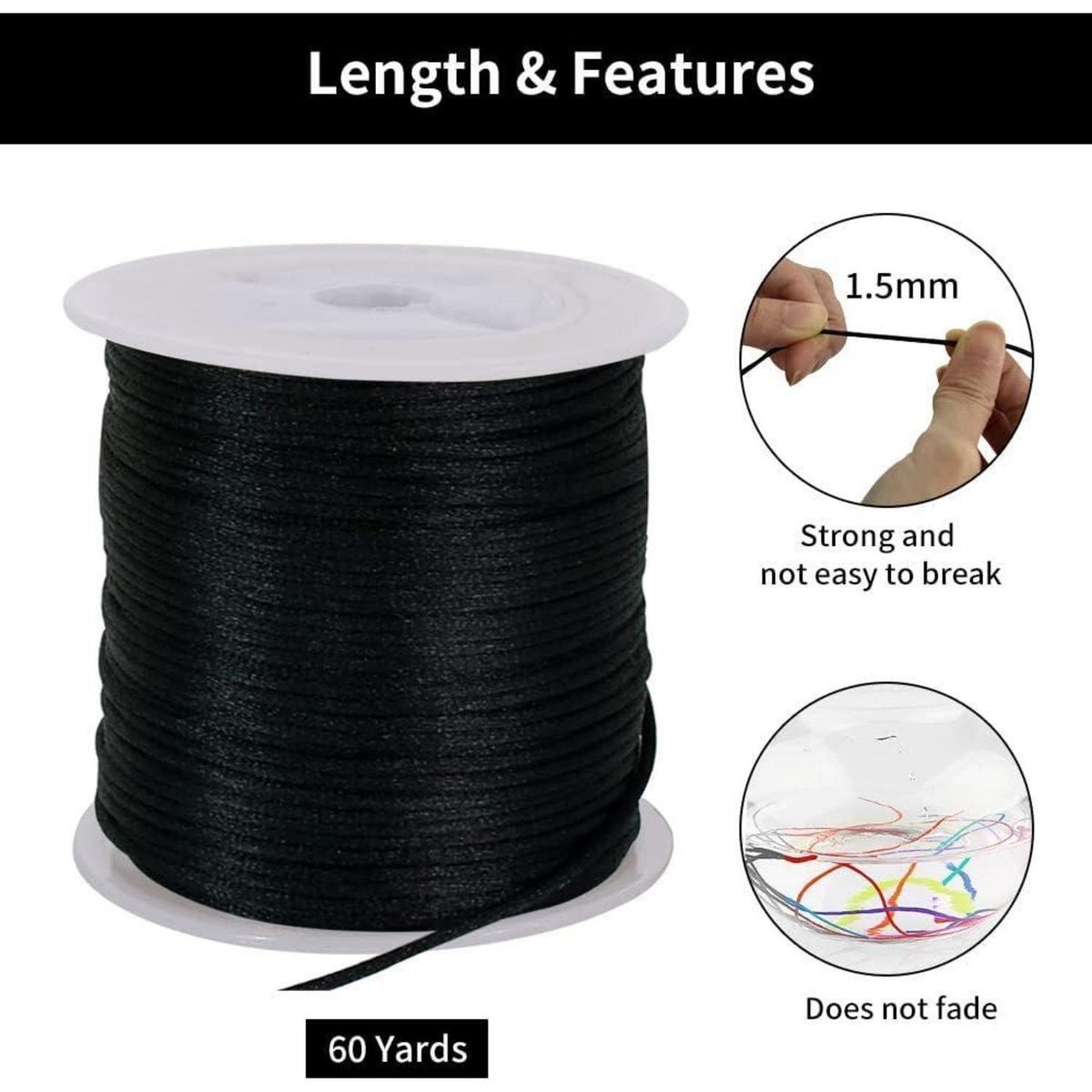 Nylonschnur Schwarz 1,5mm – Satinschnur für Schmuck & Basteln