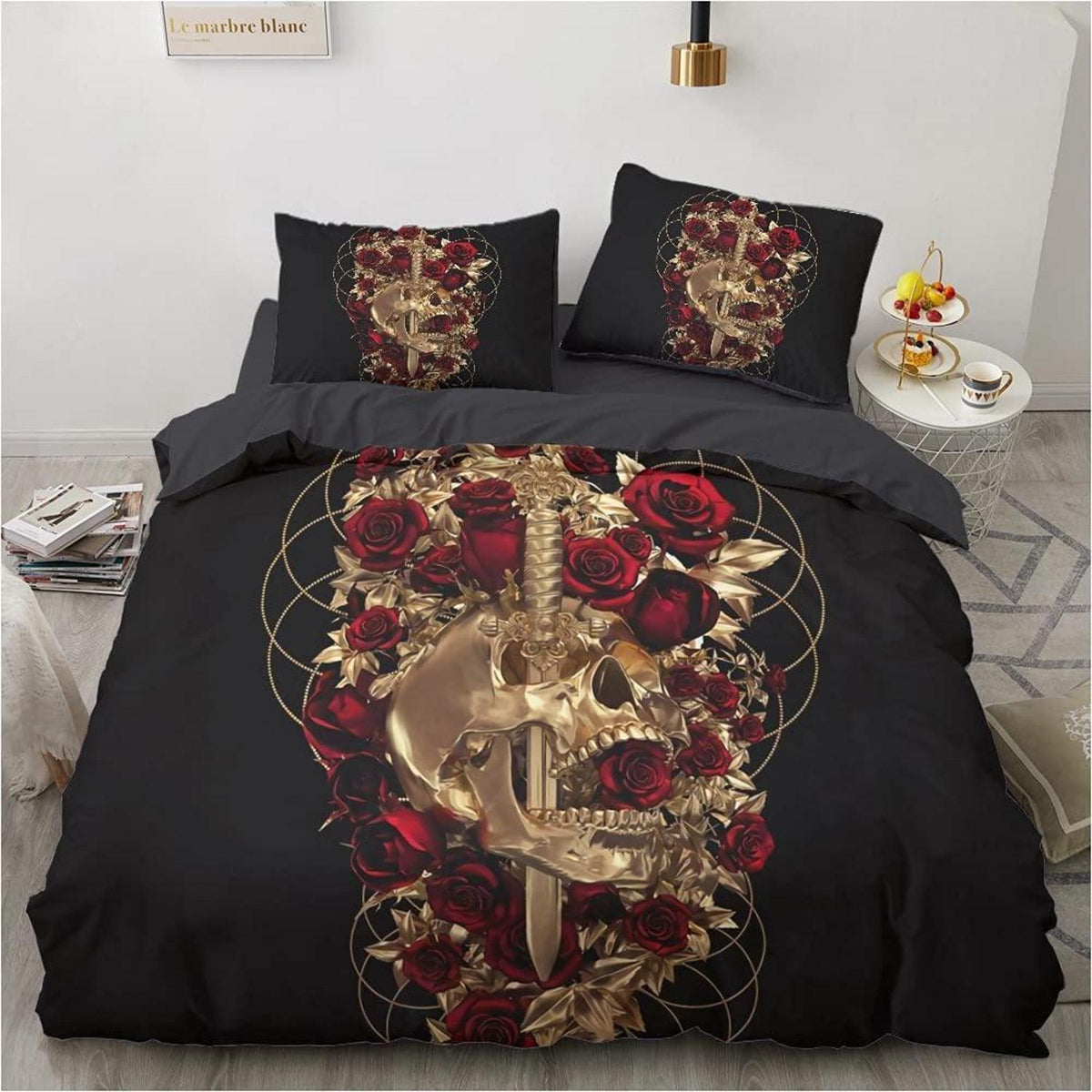 Schädel Rosen Bettwäsche Set 135x200 cm Schwarz Gold