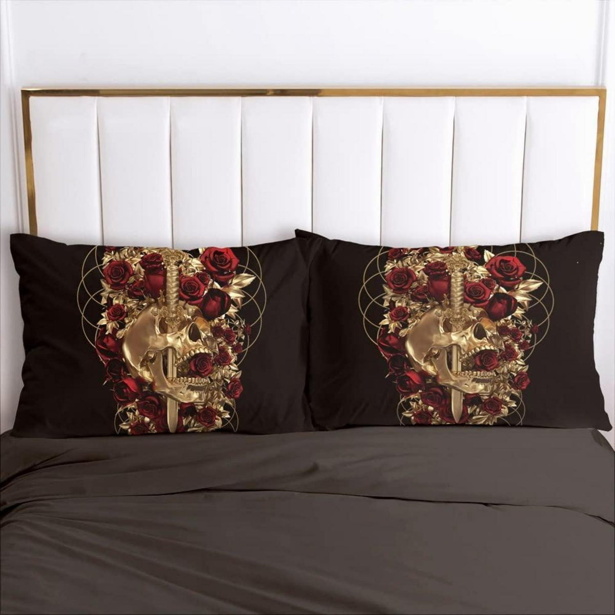 Schädel Rosen Bettwäsche Set 135x200 cm Schwarz Gold