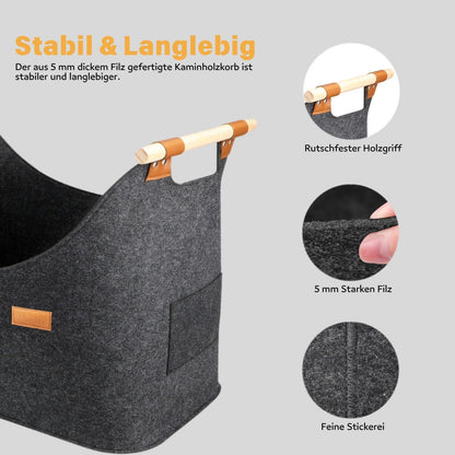 XXL Filz Kaminholzkorb, Stabil & Dekorativ, 60L, Dunkelgrau 50x40x30cm