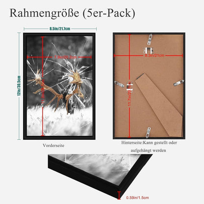 Schwarze Fotorahmen DIN A4 5er Set Plexi-Glas Portraitrahmen