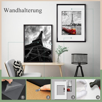 Schwarze Fotorahmen Set A4 Plexi-Glas Haken Wohnzimmer Portraitrahmen