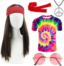 70er Hippie Kostüm Set 5-teilig Peace Brille Perücke Stirnband