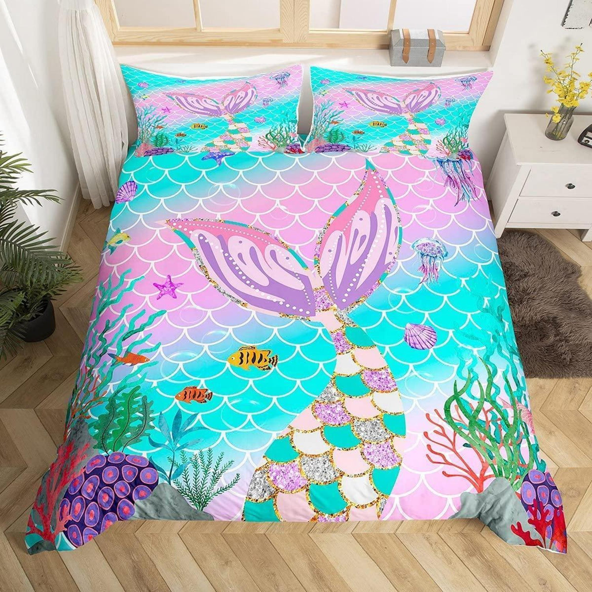Meerjungfrauen Bettbezug Set Kinder Pailletten Rosa 135x200
