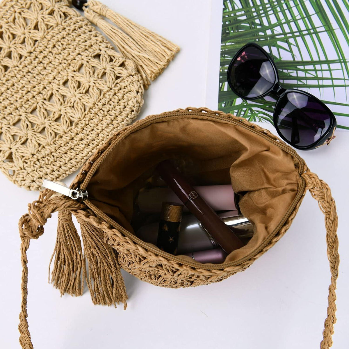 Strohtasche Damen Vintage Umhängetasche mit Quaste, Strand Handtasche Kreuzkörper Tasche