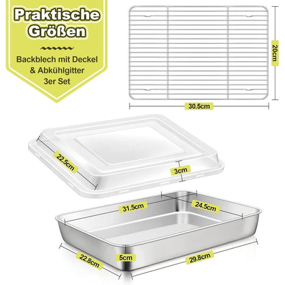 Edelstahl Backblech mit Deckel & Gitter, 3-teiliges Set
