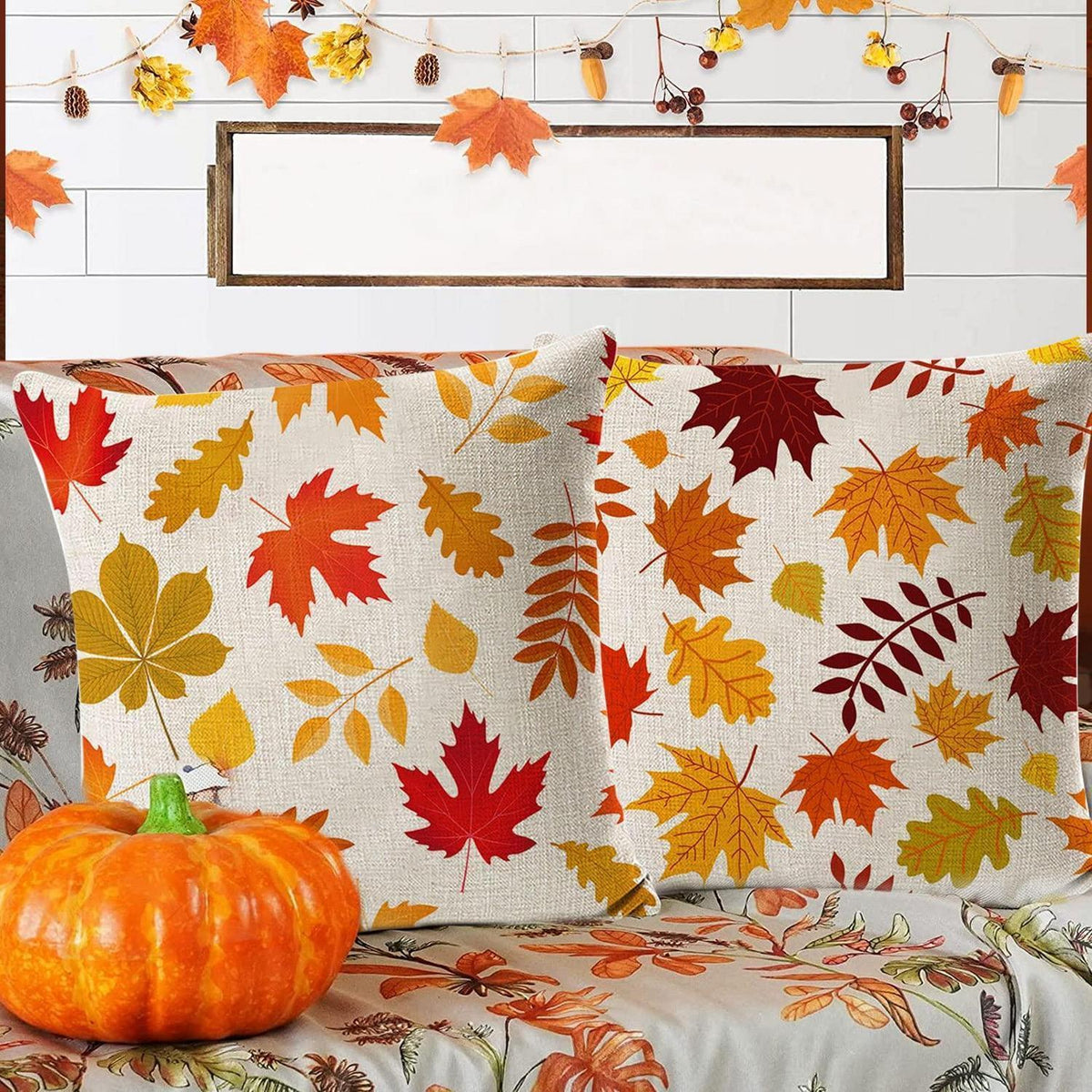 Herbst Kissenbezug Set 4er-Pack Ahornblatt & Kürbis 45x45 cm