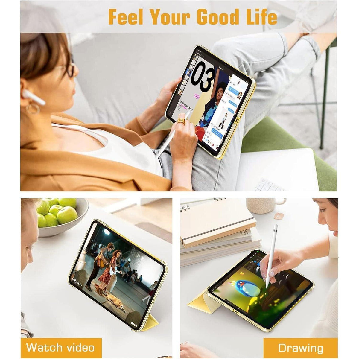 iPad Hülle mit Ständer & Auto Wake/Sleep, Hellgelb
