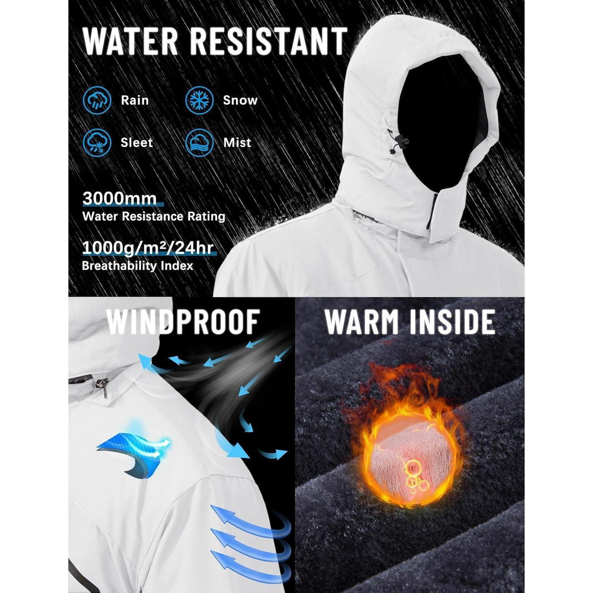 Herren Winterjacke wasserdicht warm gefüttert mit Kapuze 3XL Weiß