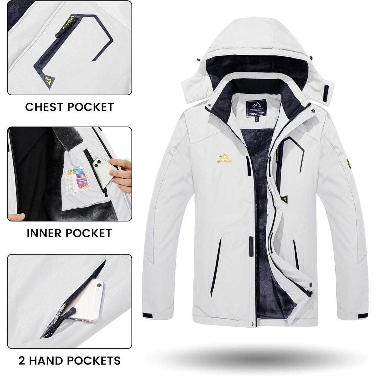 Herren Winterjacke wasserdicht warm gefüttert mit Kapuze 3XL Weiß