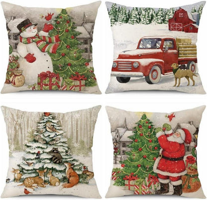 4er Set Weihnachten Kissenbezüge Leinen Deko für Sofa Wohnzimmer