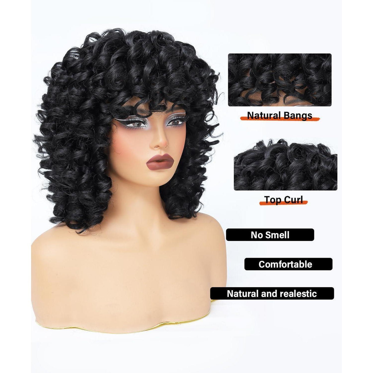 Afro Lockenperücke Damen Synthetisch Kurz mit Pony Schwarz