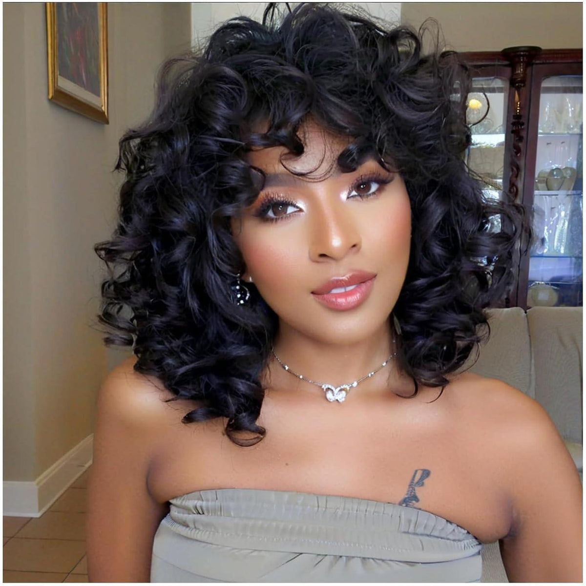 Afro Lockenperücke Damen Synthetisch Kurz mit Pony Schwarz