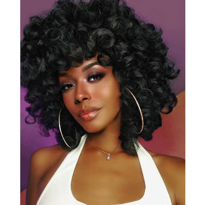 Afro Lockenperücke Damen Synthetisch Kurz mit Pony Schwarz