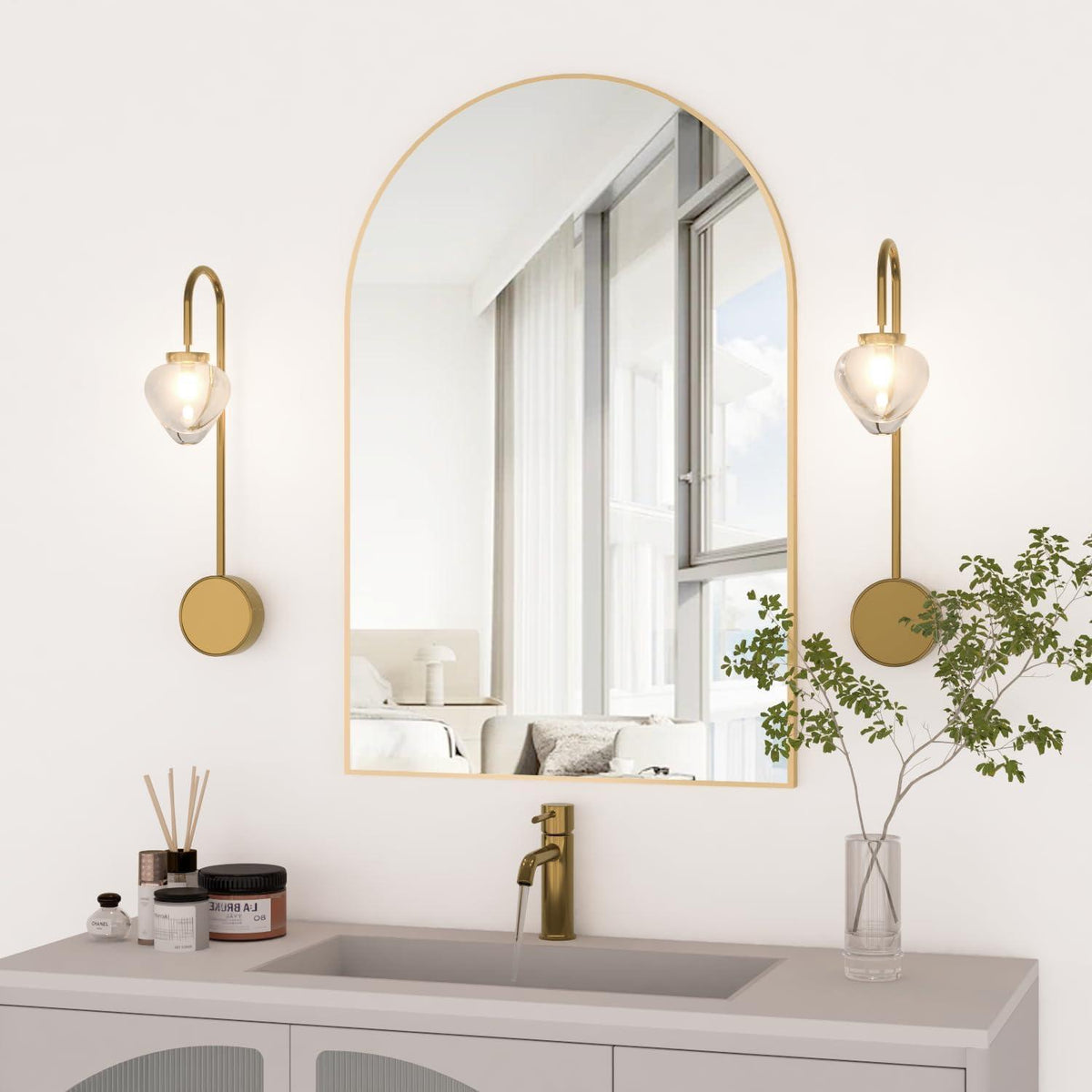 Gewölbter Wandspiegel 60x90cm mit Goldrahmen – Badezimmer Spiegel