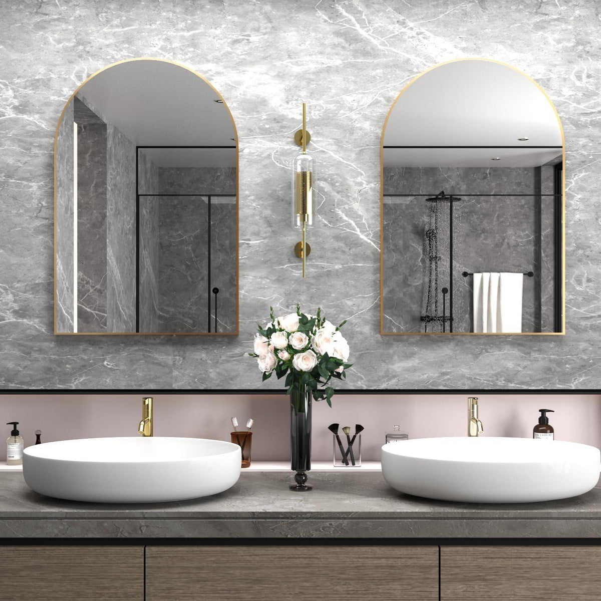 Gewölbter Wandspiegel 60x90cm mit Goldrahmen – Badezimmer Spiegel