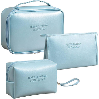 3er Kosmetiktasche Set Blau Wasserdicht PU