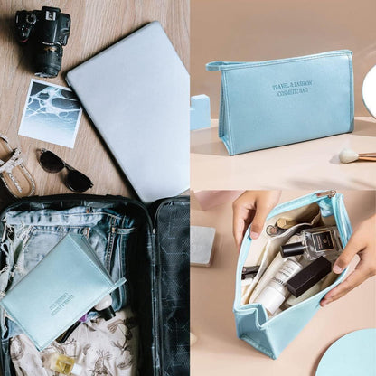 3er Kosmetiktasche Set Blau Wasserdicht PU
