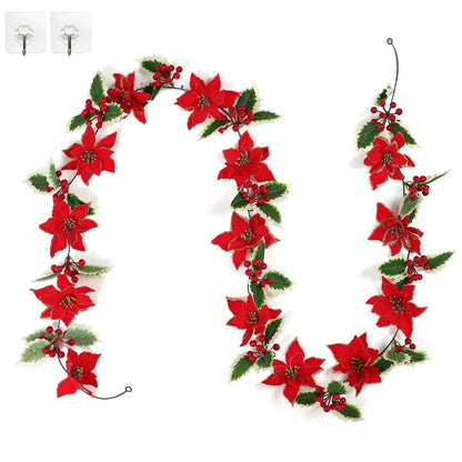 250cm Rote Blumen Girlande Weihnachten mit Beeren & Blättern