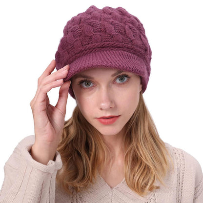 Damen Wollmütze mit Schirm, warme Strickmütze mit Fleece-Futter, violett
