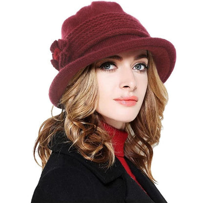 Damen Wollmütze Winter Beanie warm Strickmütze mit Schirm A-Weinrot