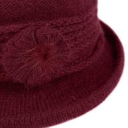 Damen Wollmütze Winter Beanie warm Strickmütze mit Schirm A-Weinrot