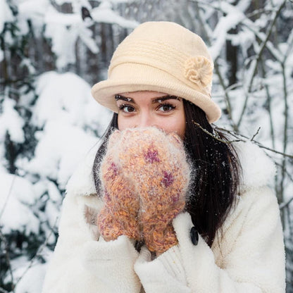 Damen Wollmütze Winter Beanie warm Strickmütze mit Schirm A-Weinrot