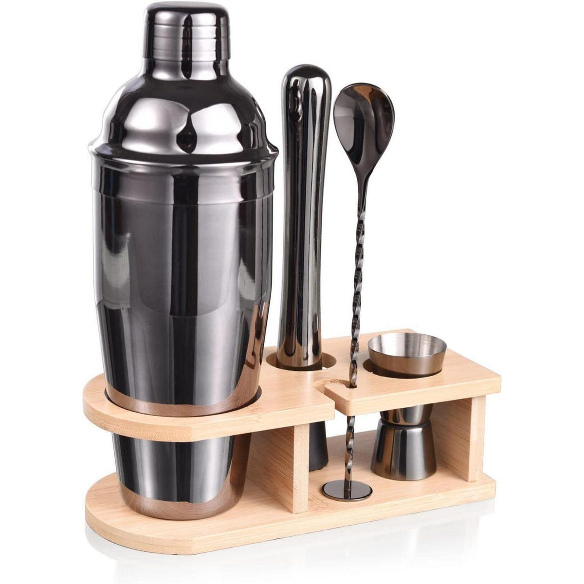 Cocktail Shaker Set 5-teilig Edelstahl mit Holzständer Grau