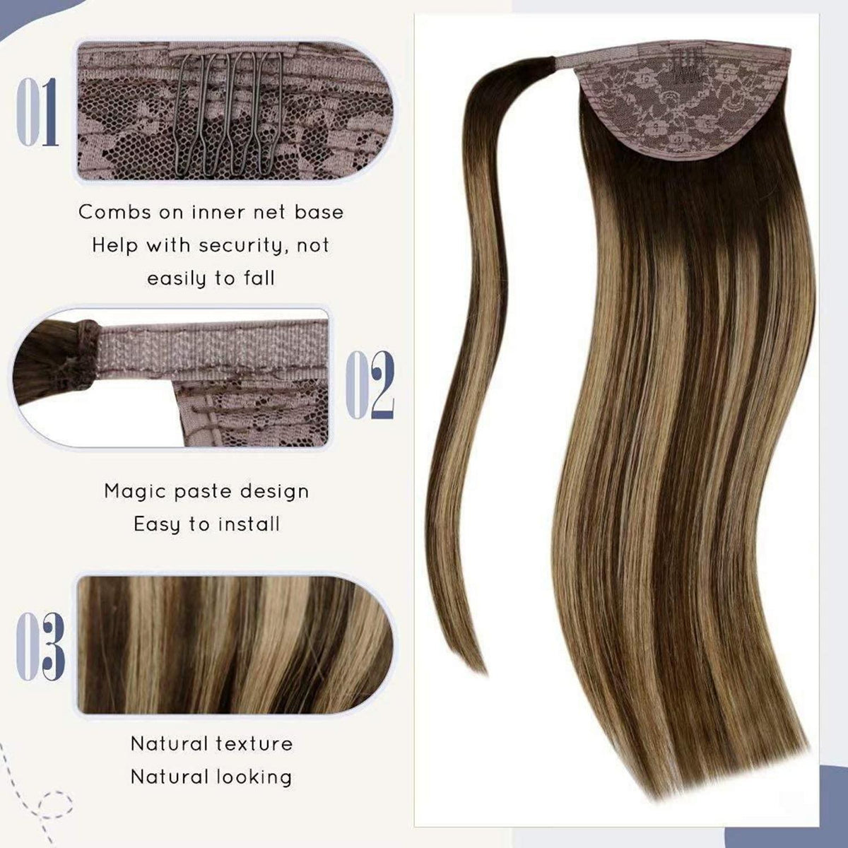 Echthaar Pferdeschwanz Extension Ombre Braun Blond 50cm