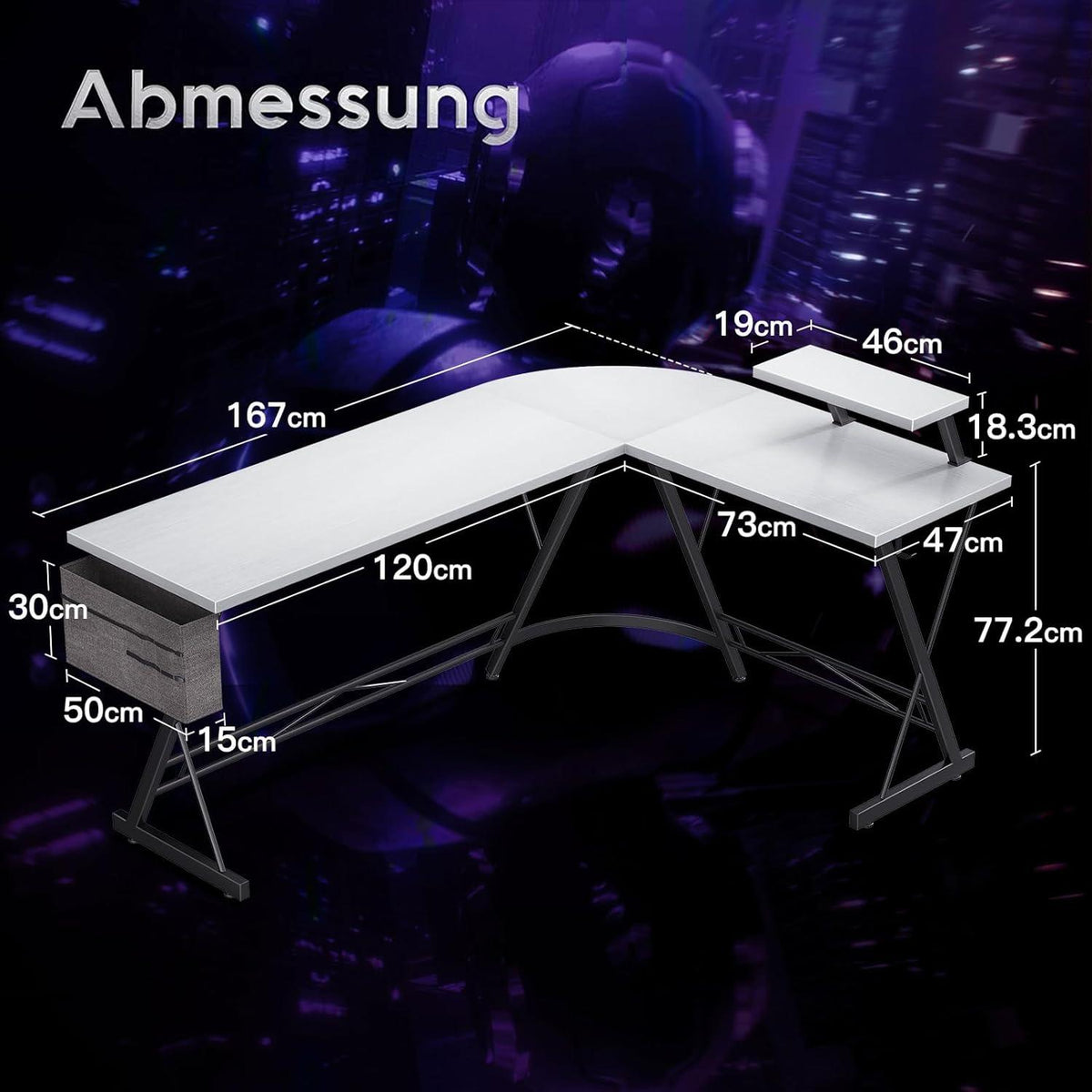 Gaming Schreibtisch L-Form mit Monitorständer Weiß 167x120cm