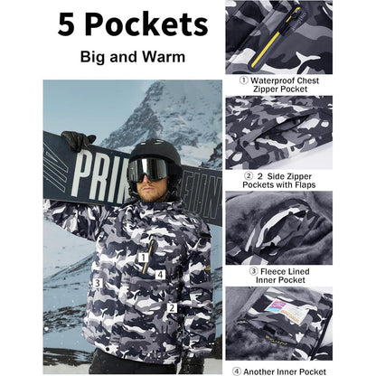 Herren Winterjacke warm gefüttert winddicht wasserdicht abnehmbare Kapuze Schwarz-Camo M