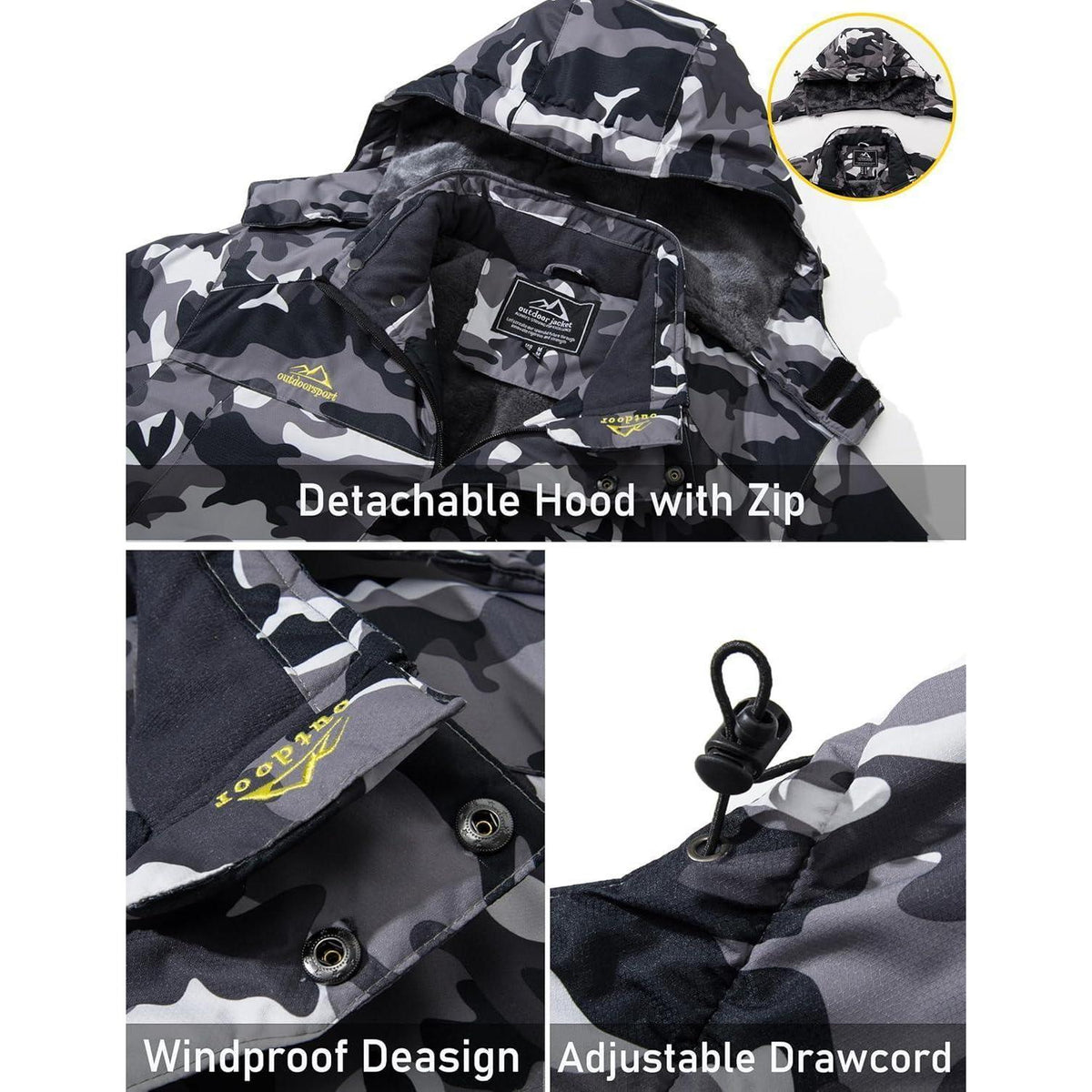 Herren Winterjacke warm gefüttert winddicht wasserdicht abnehmbare Kapuze Schwarz-Camo M