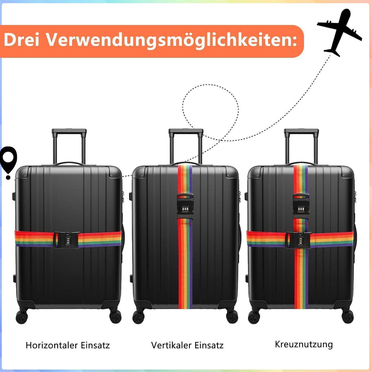 2er Set Koffergurte mit Zahlenschloss, 2m, Regenbogen Beige