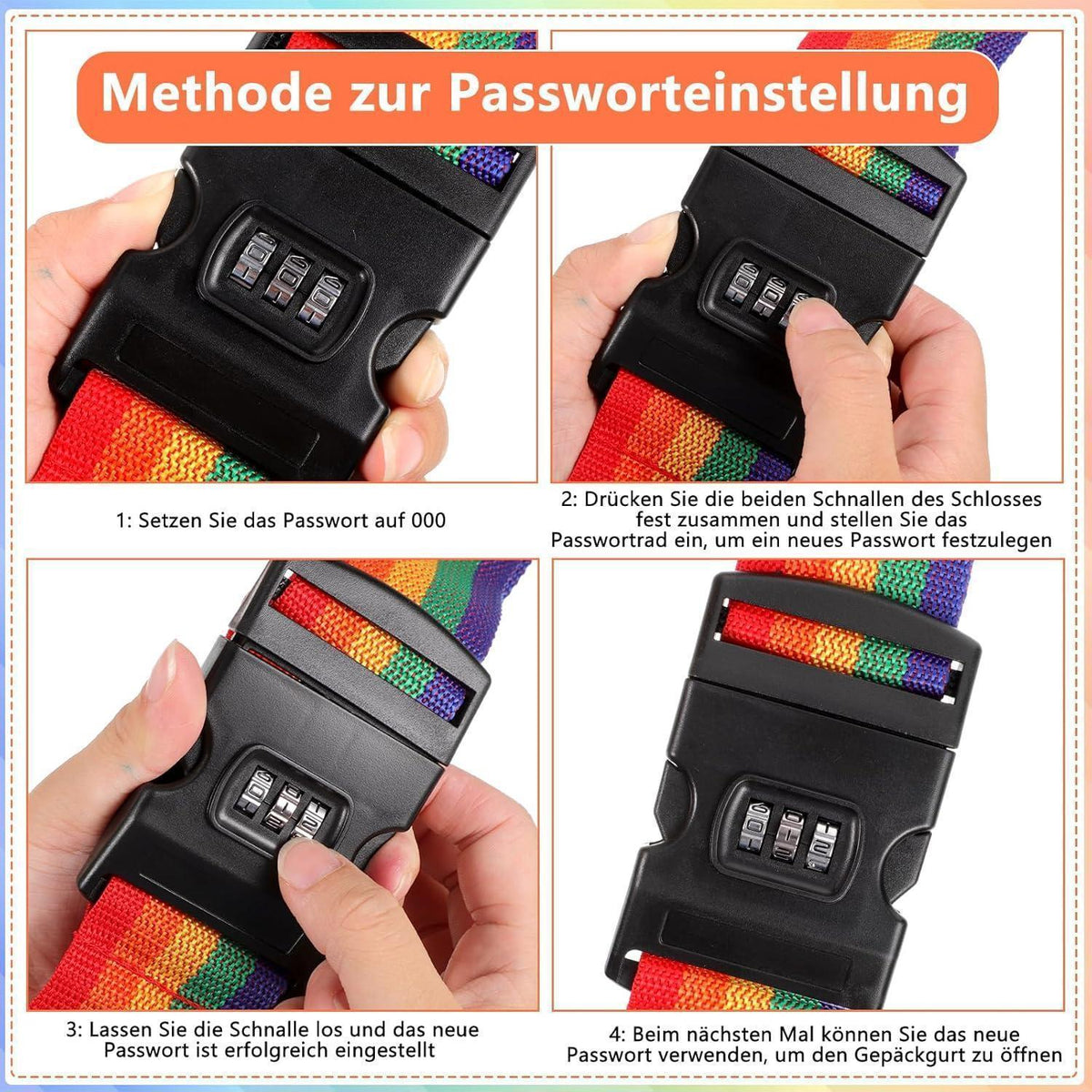 2er Set Koffergurte mit Zahlenschloss, 2m, Regenbogen Beige