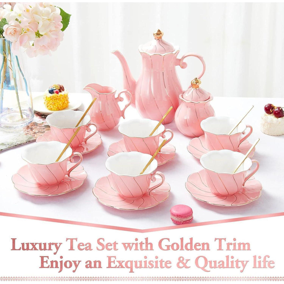 Luxuriöses Teeservice für 6 Personen, Porzellan, Goldrand, Rosa